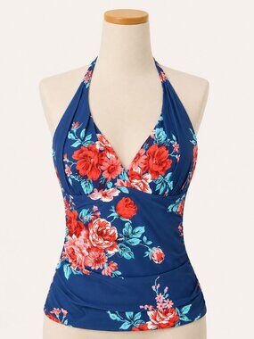 Hilor Floral Halter Tankini Top Tummy Control Swim Top US 12
